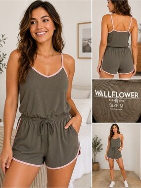 Wallflower Ribbed Knit Cami Romper Olive Green Pink Trim Size Medium